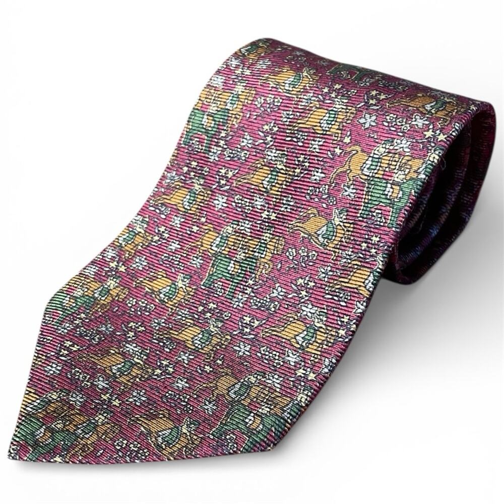 Vintage Dark maroon hand made silk tie with equestrian pattern from Spain